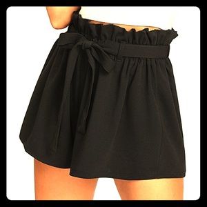 Black high waisted paper bag tie shorts